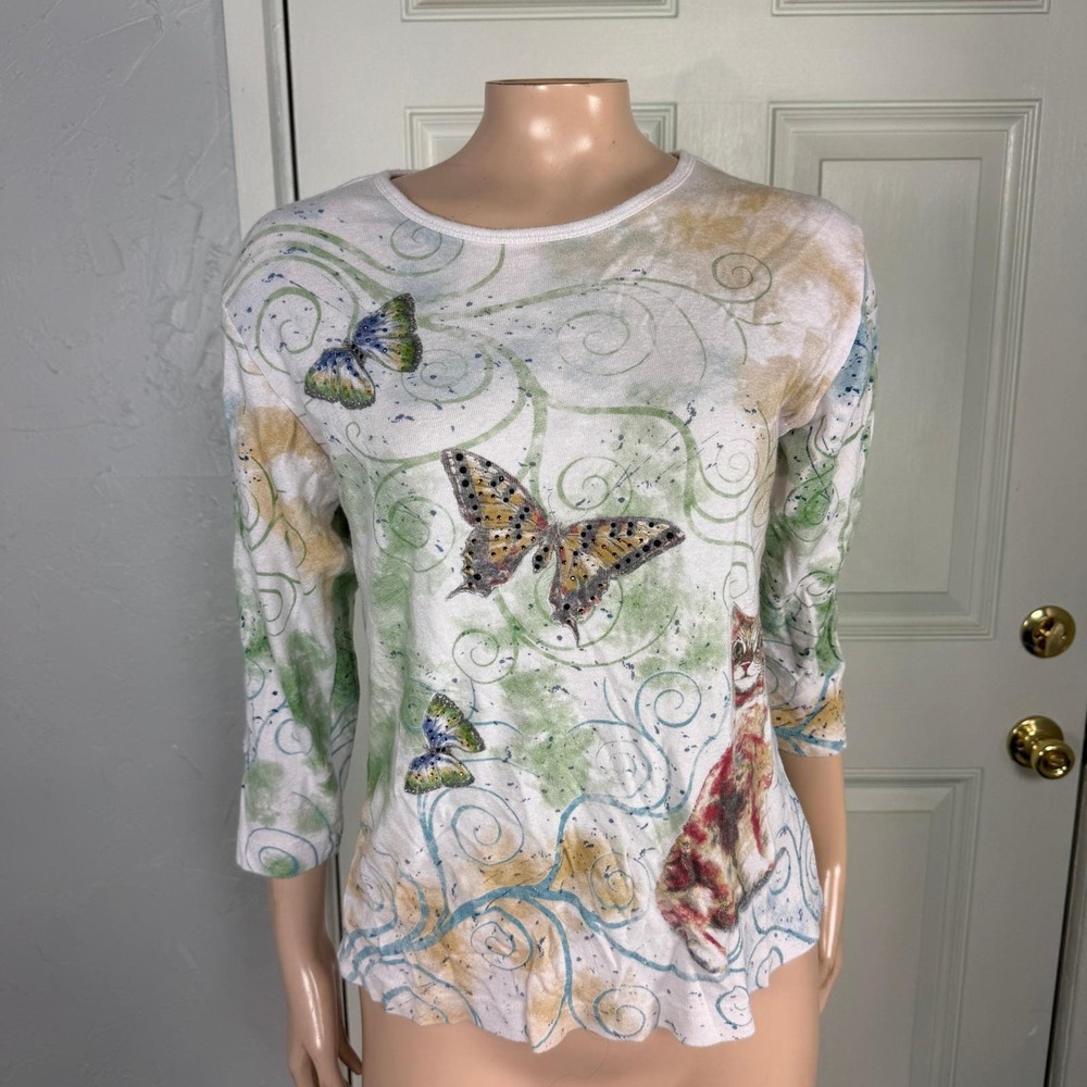 Vintage Y2K Shirt Endless Designs Cotton Baby Tee Knit Small Cat Butterfly F3-17
